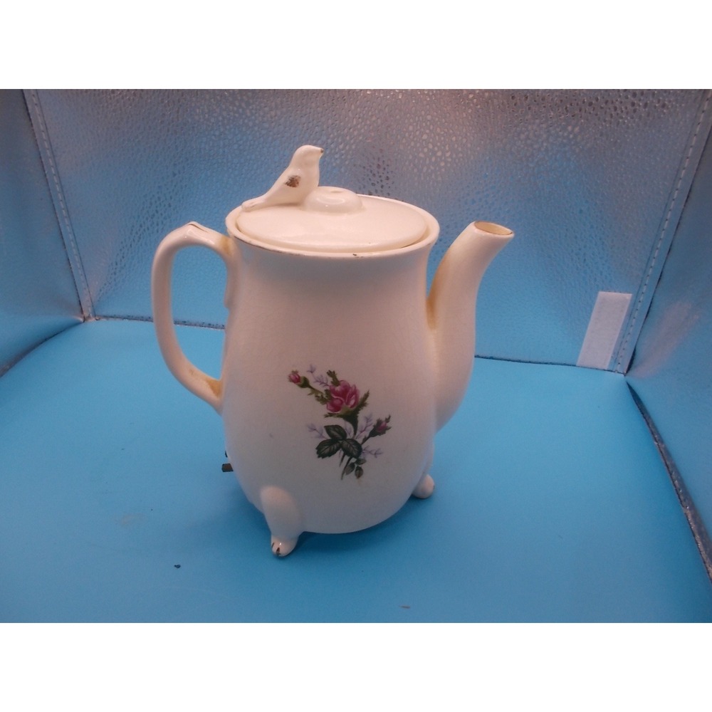 Vintage Nasco Electric Ceramic Teapot Floral Bird Finial Footed Tea Kettle